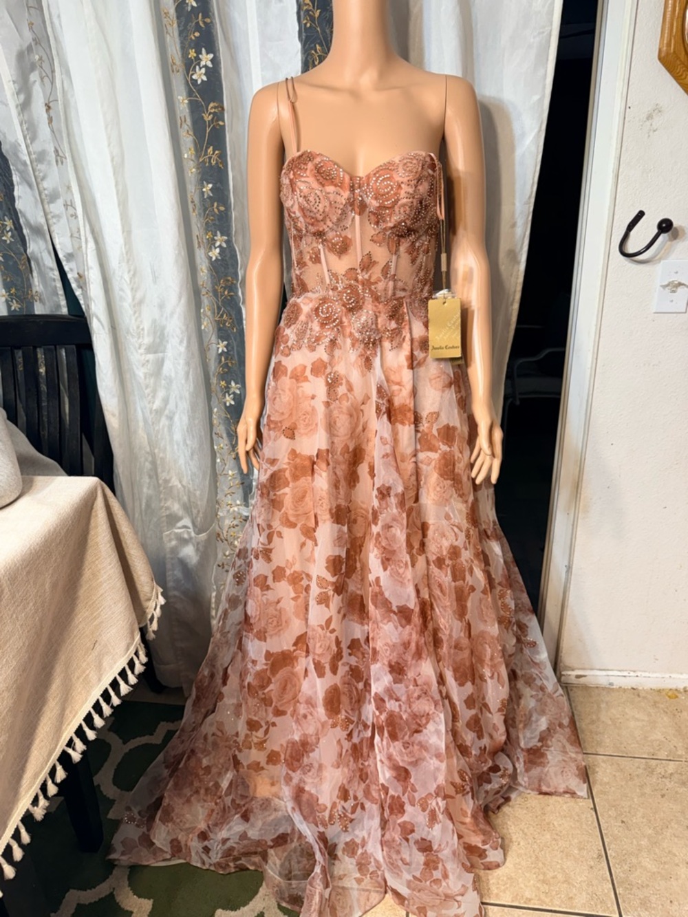 Strapless Rose Gold Floral Lace Evening Gown